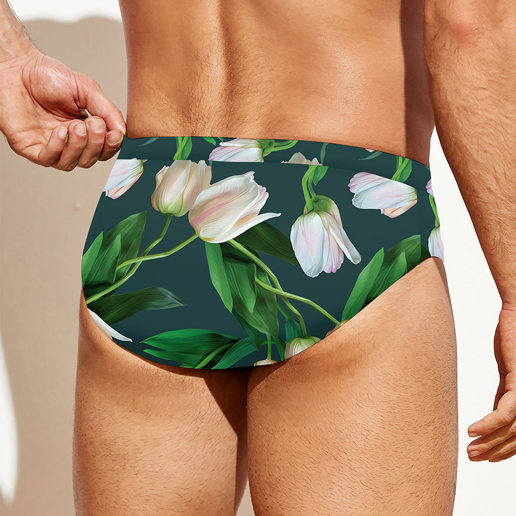 White Tulip Pattern Print Men's Swim Briefs