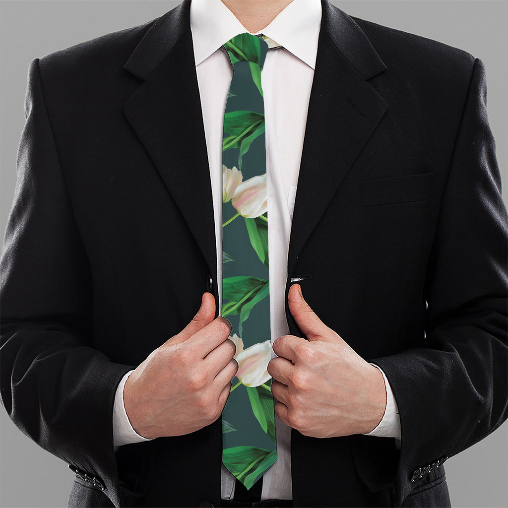 White Tulip Pattern Print Necktie
