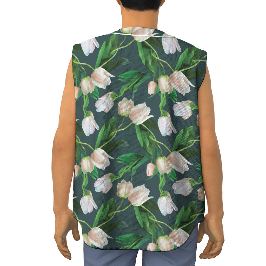White Tulip Pattern Print Sleeveless Baseball Jersey