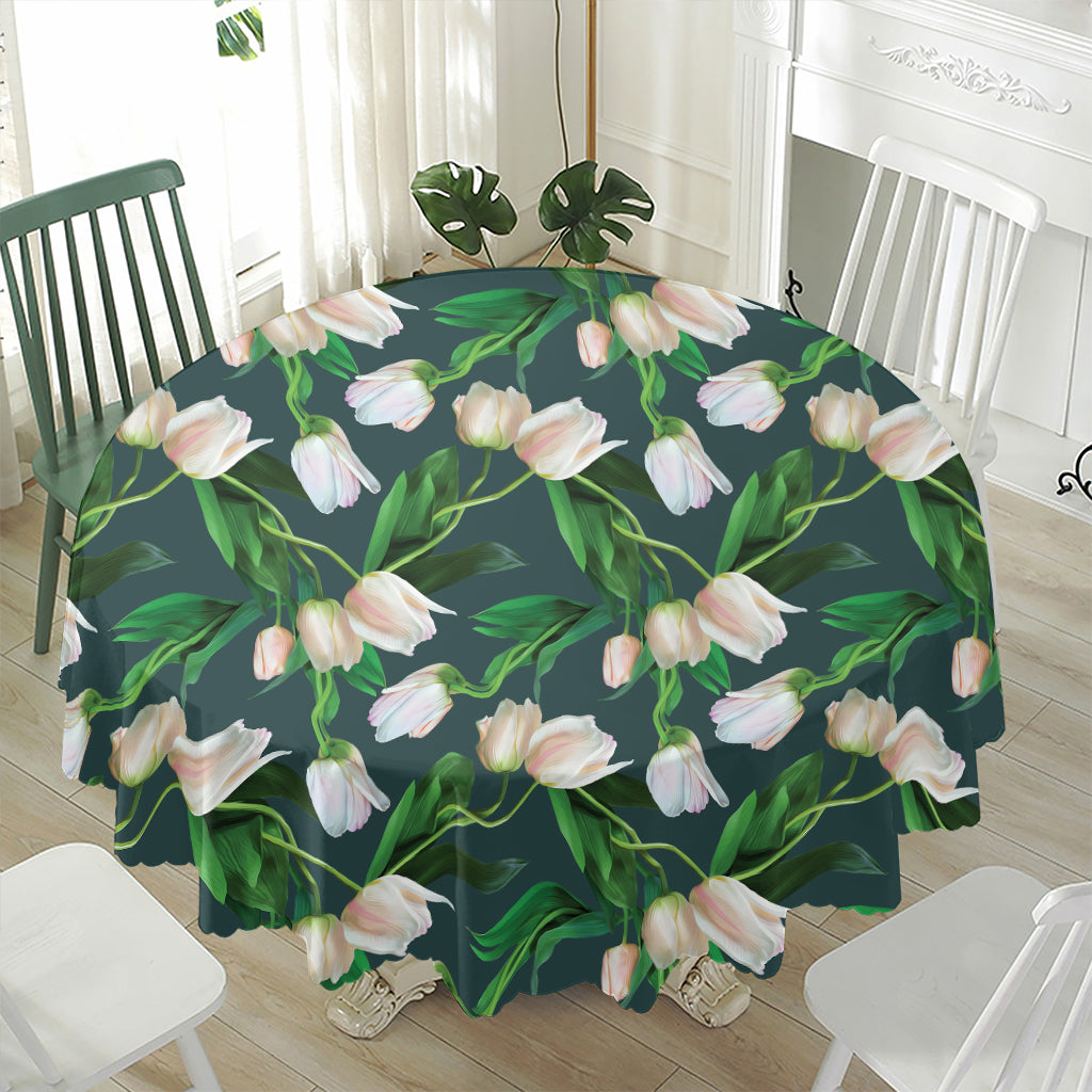 White Tulip Pattern Print Waterproof Round Tablecloth