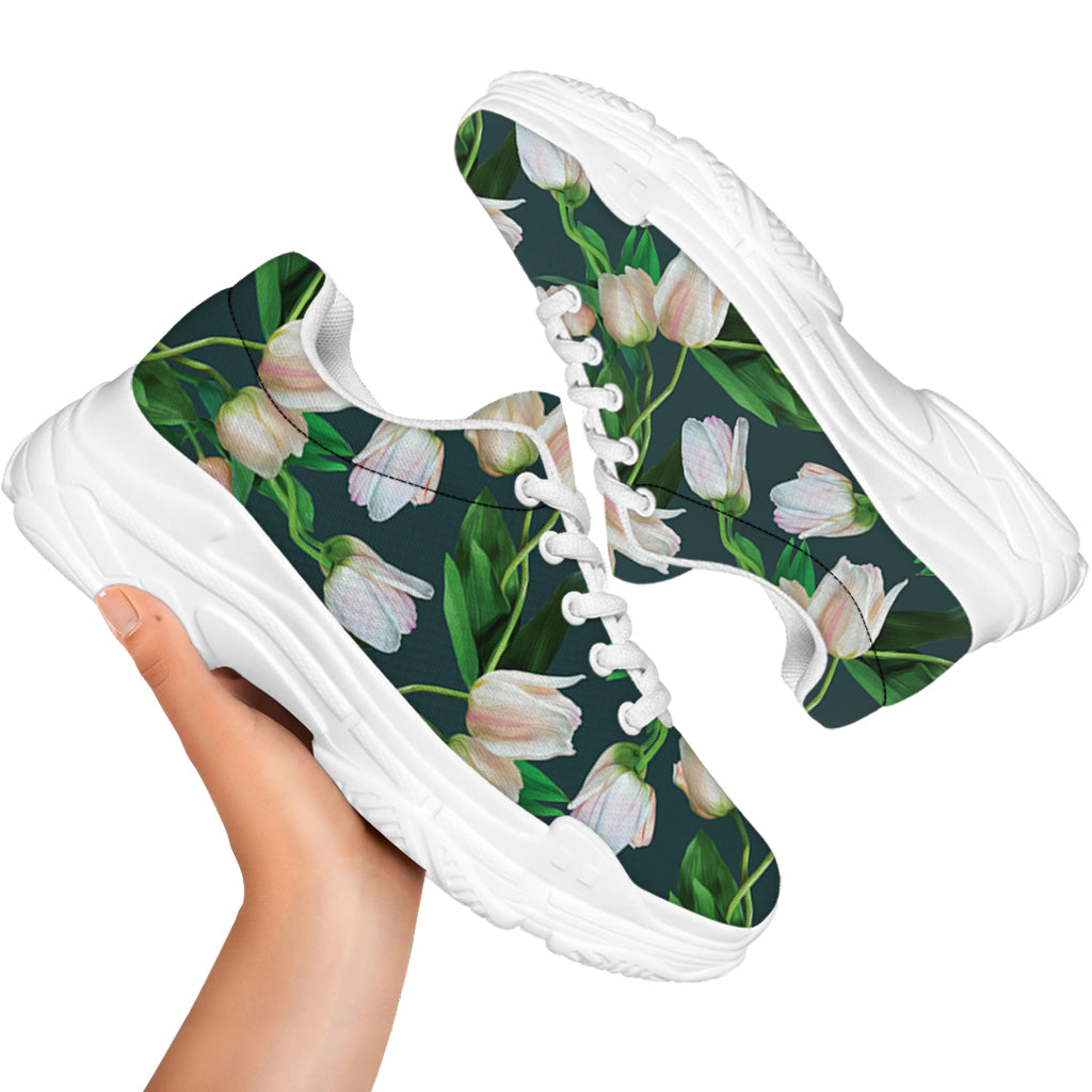 White Tulip Pattern Print White Chunky Shoes