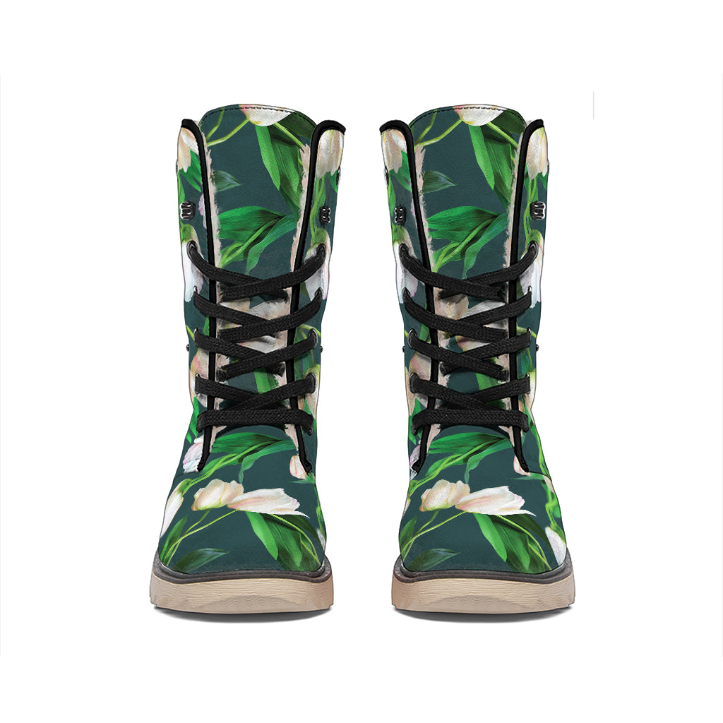 White Tulip Pattern Print Winter Boots