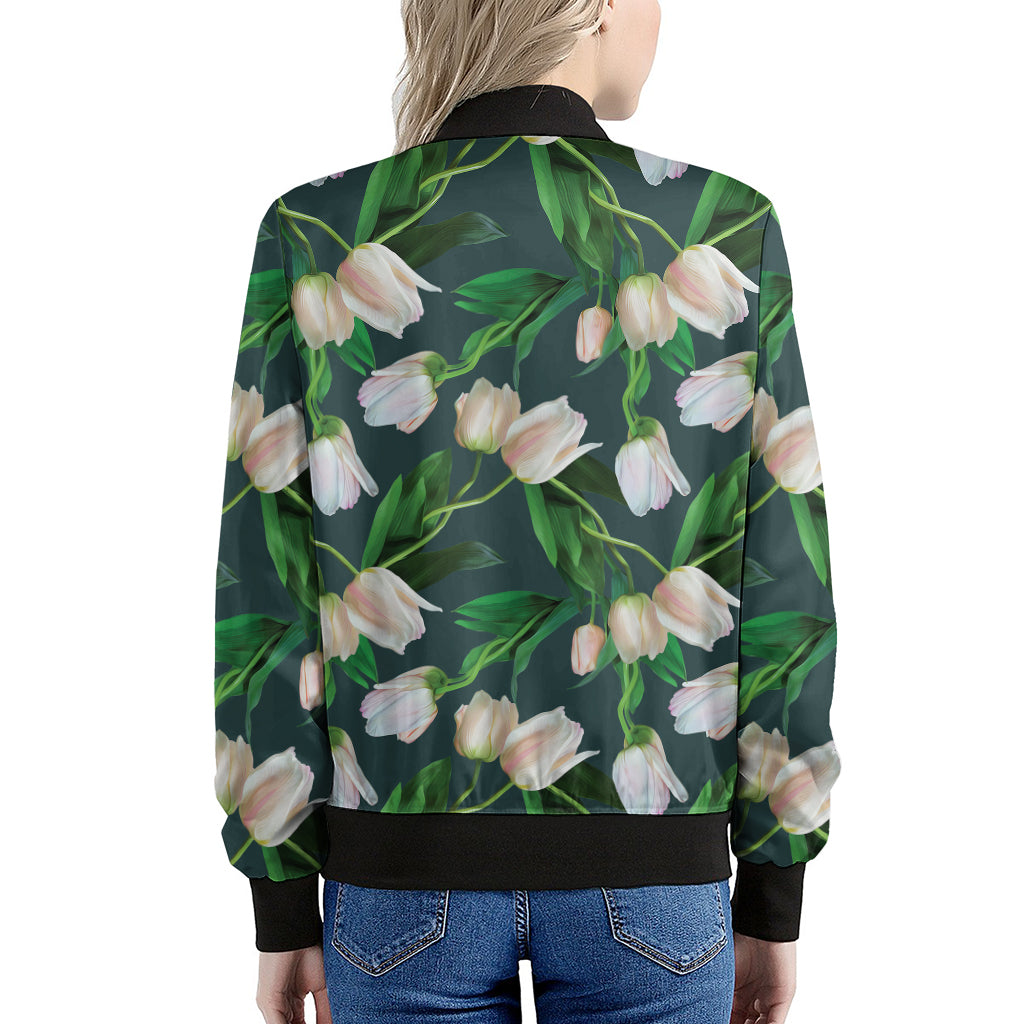 White Tulip Pattern Print Women's Bomber Jacket