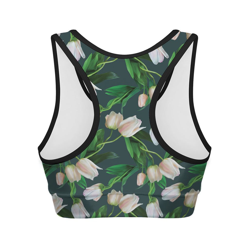 White Tulip Pattern Print Women's Sports Bra