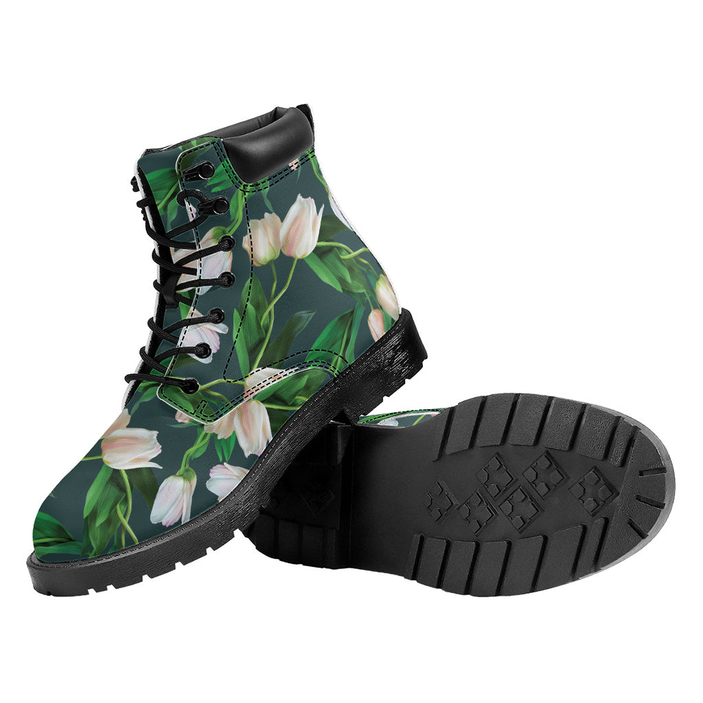 White Tulip Pattern Print Work Boots