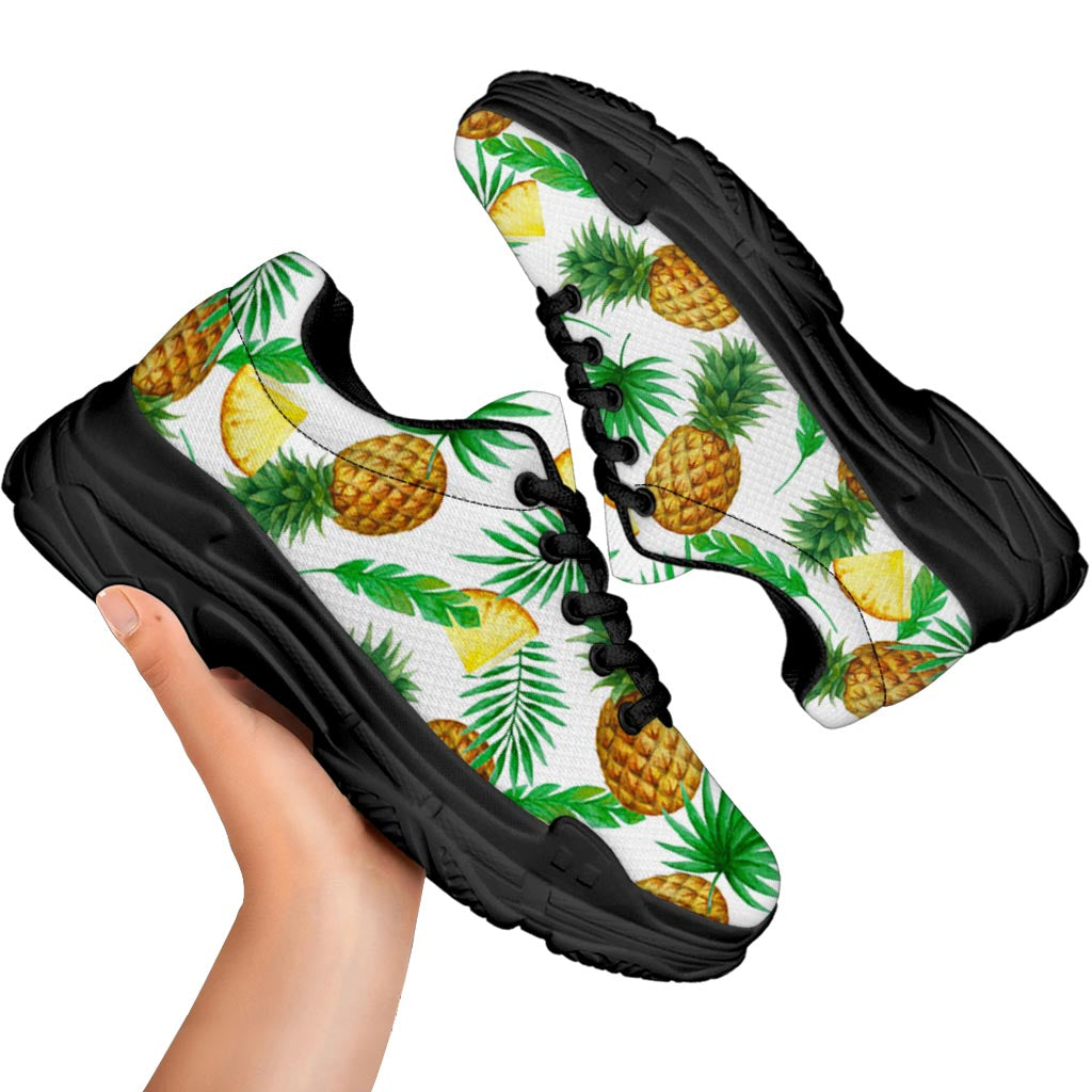 White Watercolor Pineapple Pattern Print Black Chunky Shoes