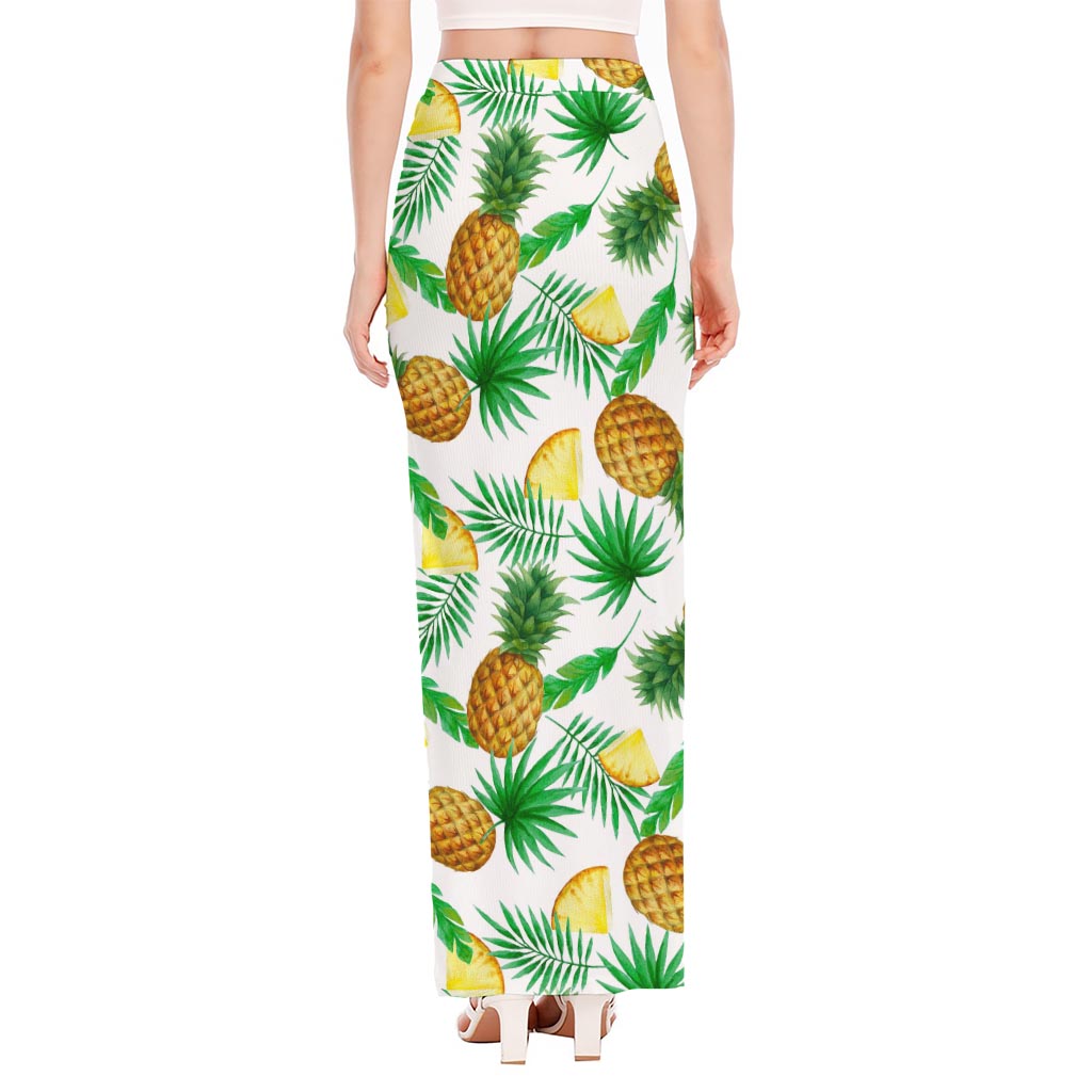 White Watercolor Pineapple Pattern Print High Slit Maxi Skirt