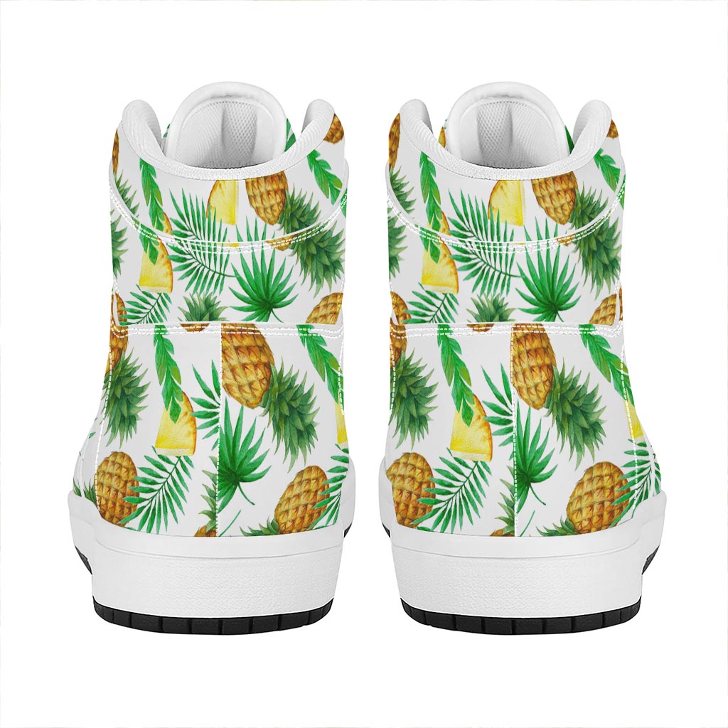 White Watercolor Pineapple Pattern Print High Top Leather Sneakers