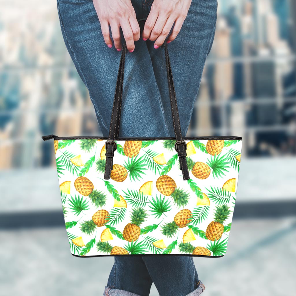 White Watercolor Pineapple Pattern Print Leather Tote Bag