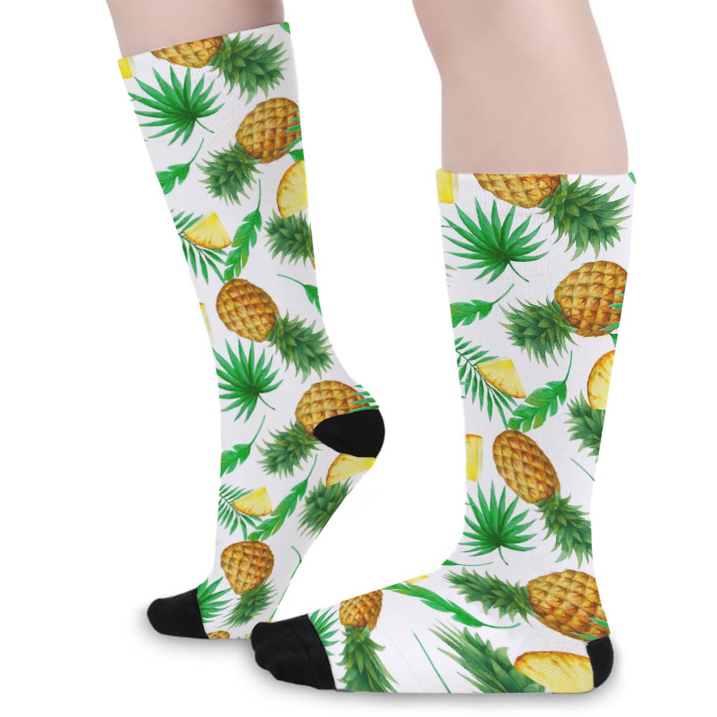 White Watercolor Pineapple Pattern Print Long Socks
