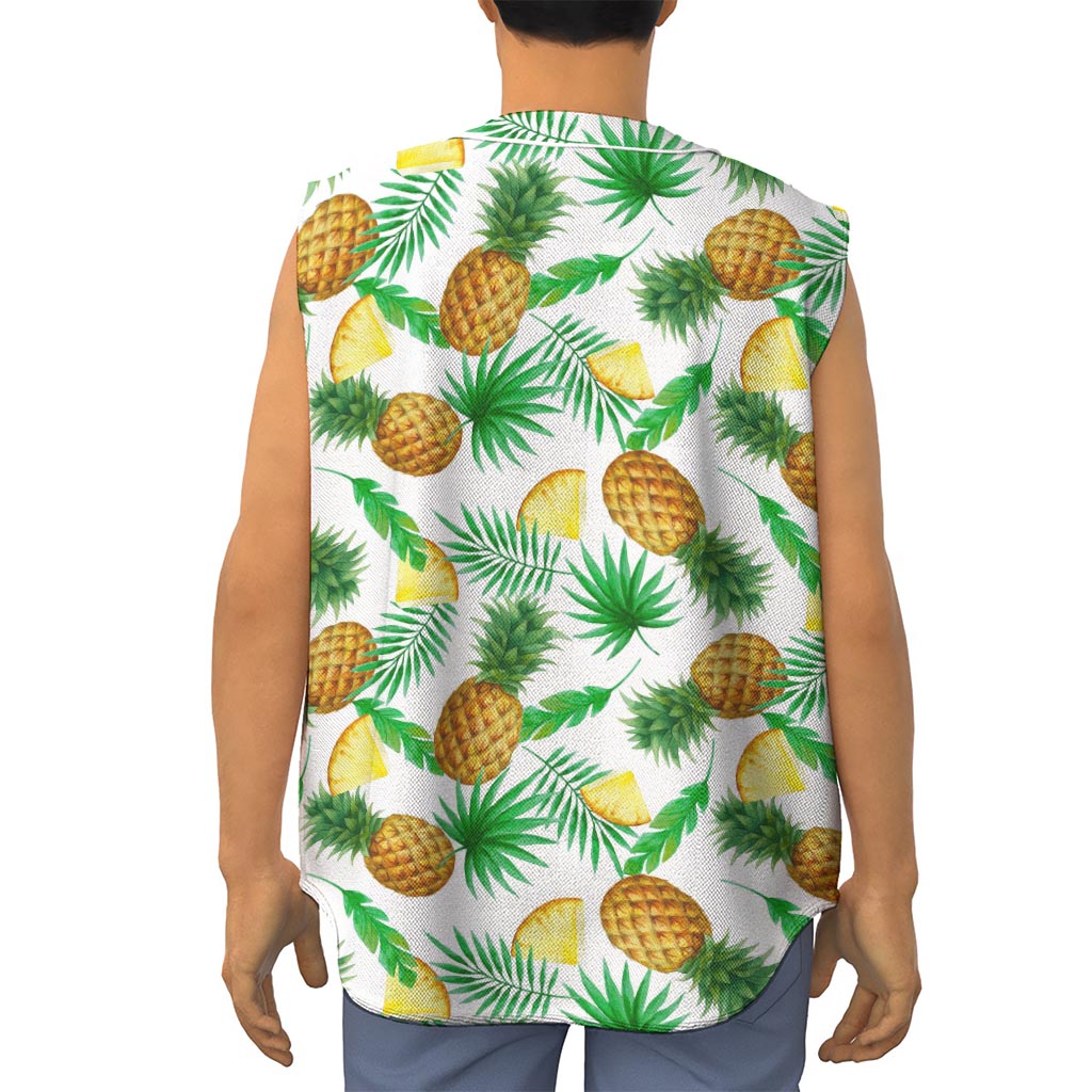 White Watercolor Pineapple Pattern Print Sleeveless Baseball Jersey