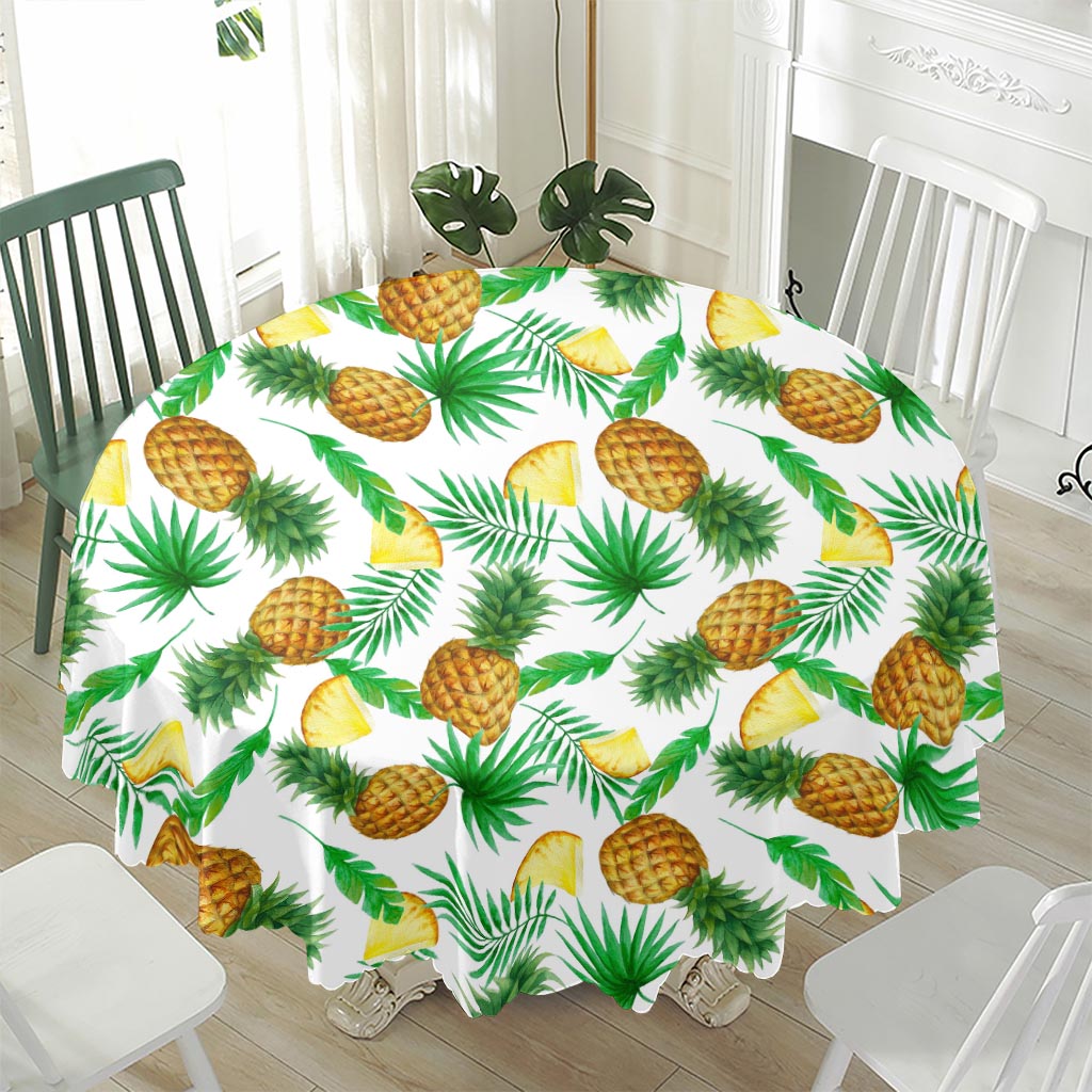 White Watercolor Pineapple Pattern Print Waterproof Round Tablecloth