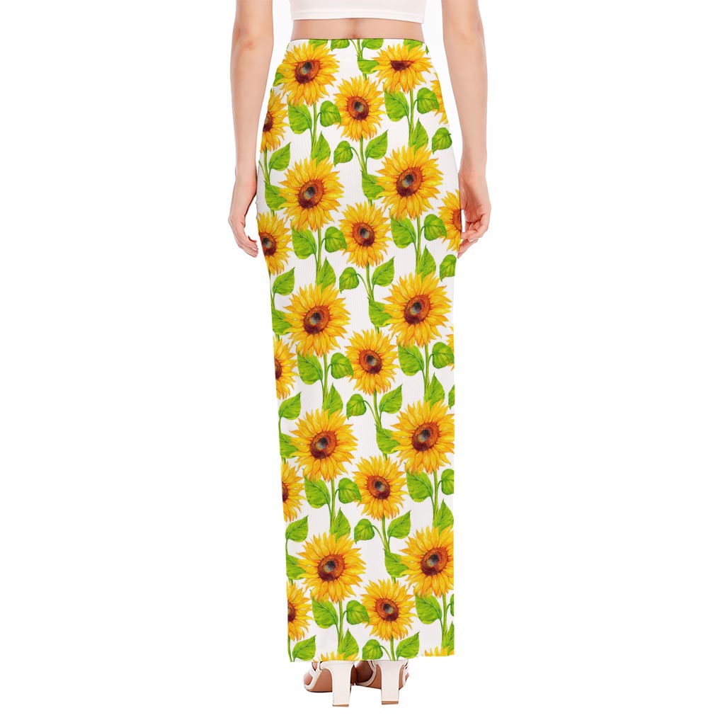 White Watercolor Sunflower Pattern Print High Slit Maxi Skirt