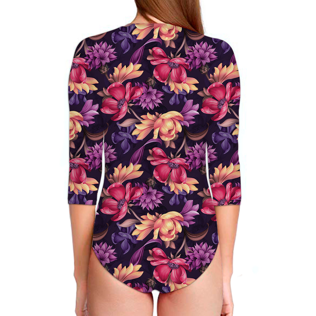 Wild Flower Print Long Sleeve Swimsuit
