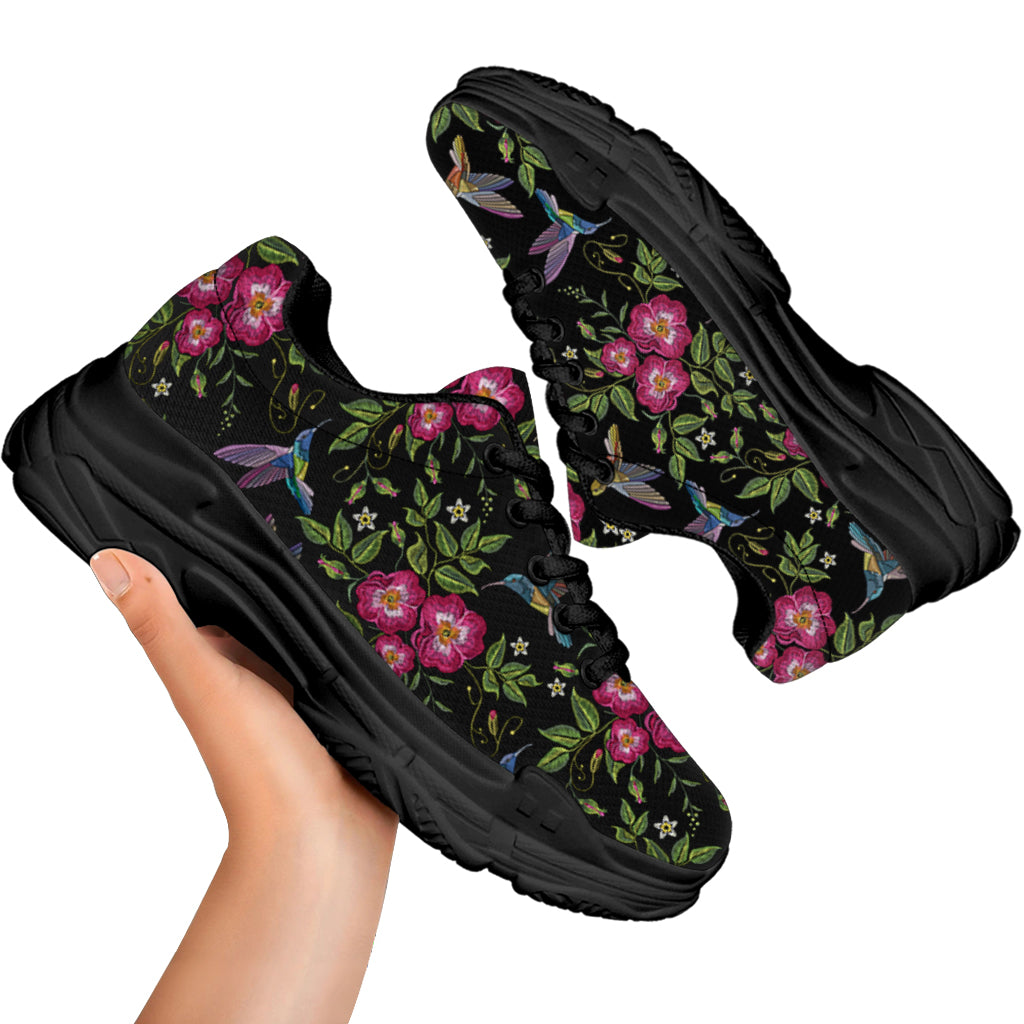 Wild Flowers And Hummingbird Print Black Chunky Shoes