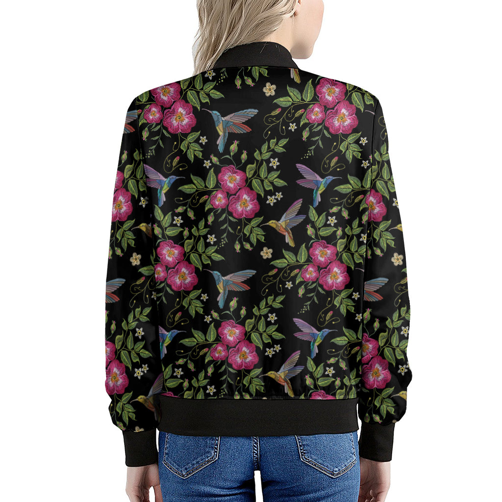 Wild Flowers And Hummingbird Print Women's Bomber Jacket