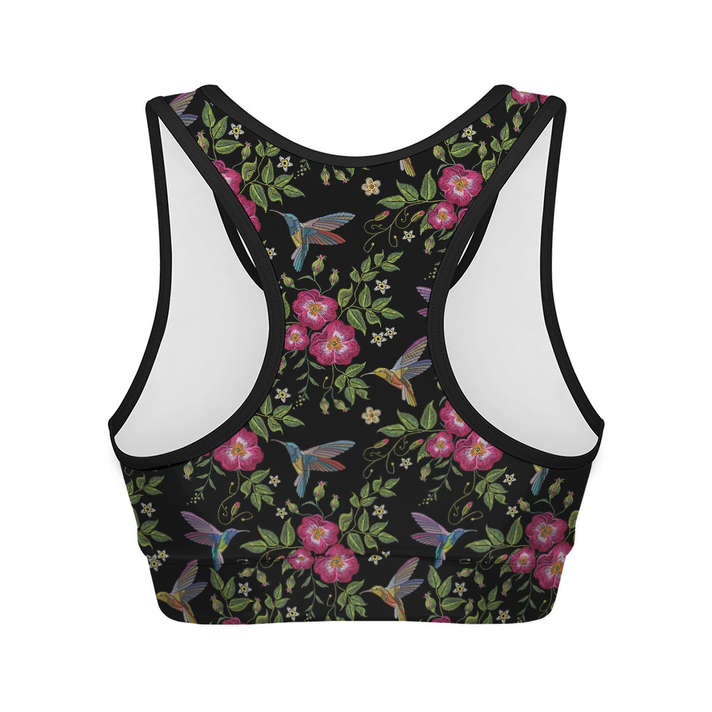 Wild Flowers And Hummingbird Print Women's Sports Bra