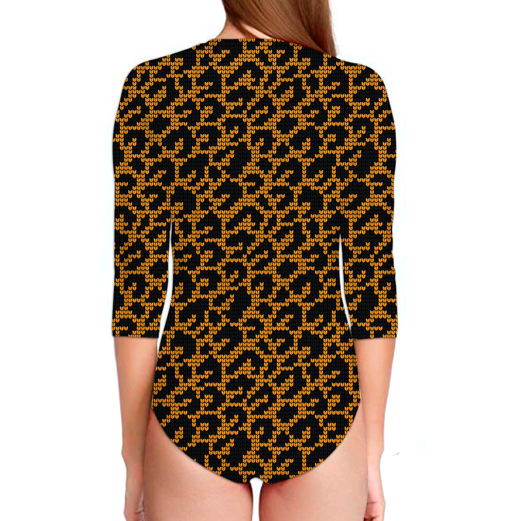 Wild Leopard Knitted Pattern Print Long Sleeve Swimsuit
