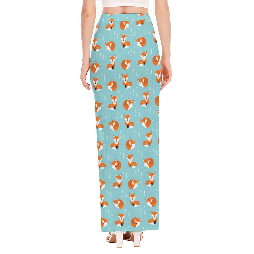 Winter Fox Pattern Print High Slit Maxi Skirt