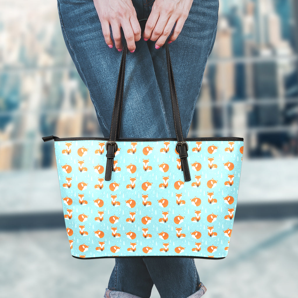 Winter Fox Pattern Print Leather Tote Bag