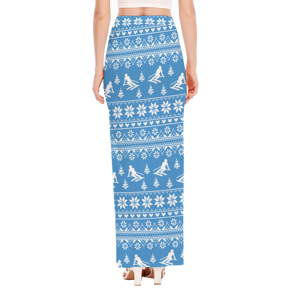 Winter Ski Knitting Pattern Print High Slit Maxi Skirt