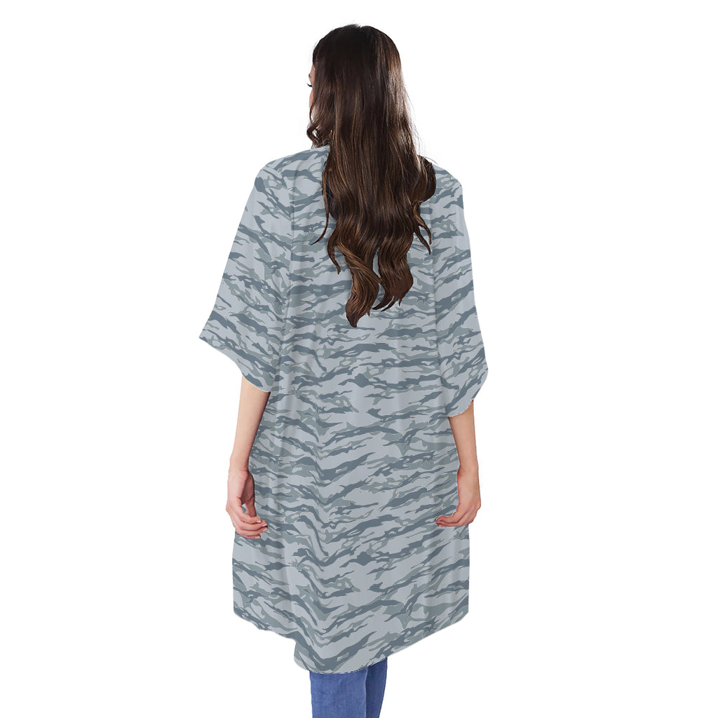 Winter Tiger Stripe Camo Pattern Print Open Front Beach Cover Up