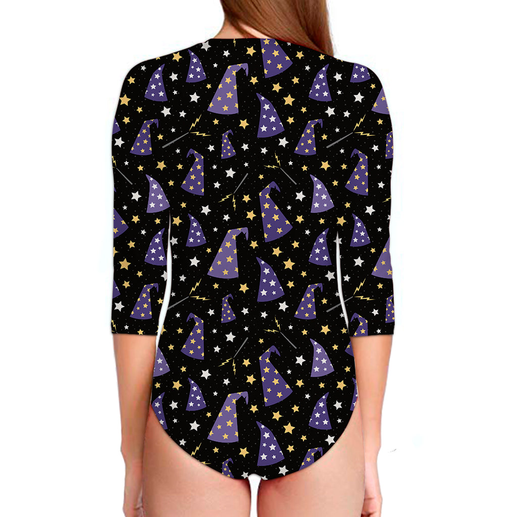 Wizard Hat Pattern Print Long Sleeve Swimsuit