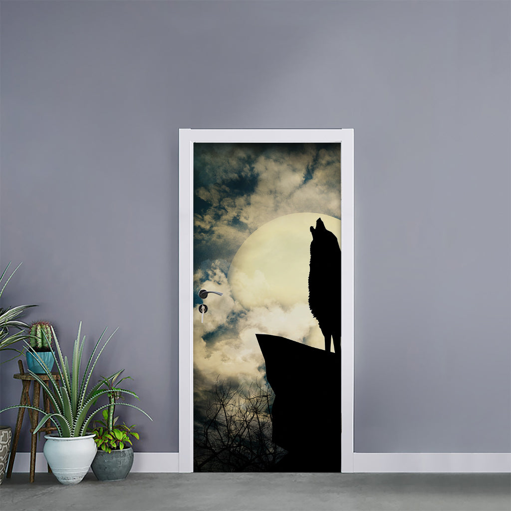 Wolf Howling At The Full Moon Print Door Sticker