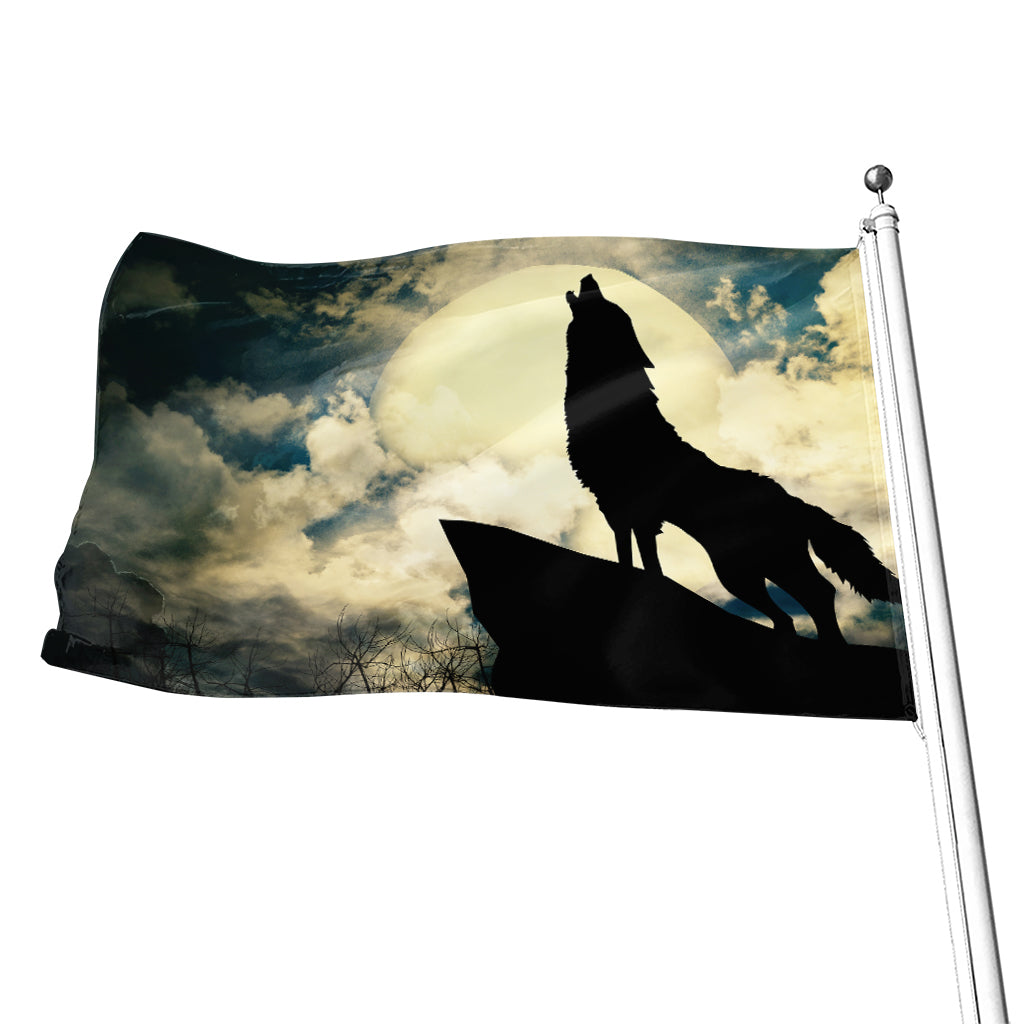 Wolf Howling At The Full Moon Print Flag