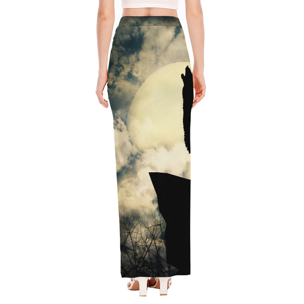 Wolf Howling At The Full Moon Print High Slit Maxi Skirt