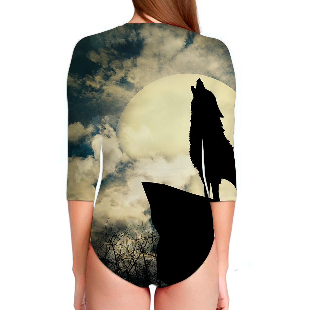Wolf Howling At The Full Moon Print Long Sleeve Swimsuit