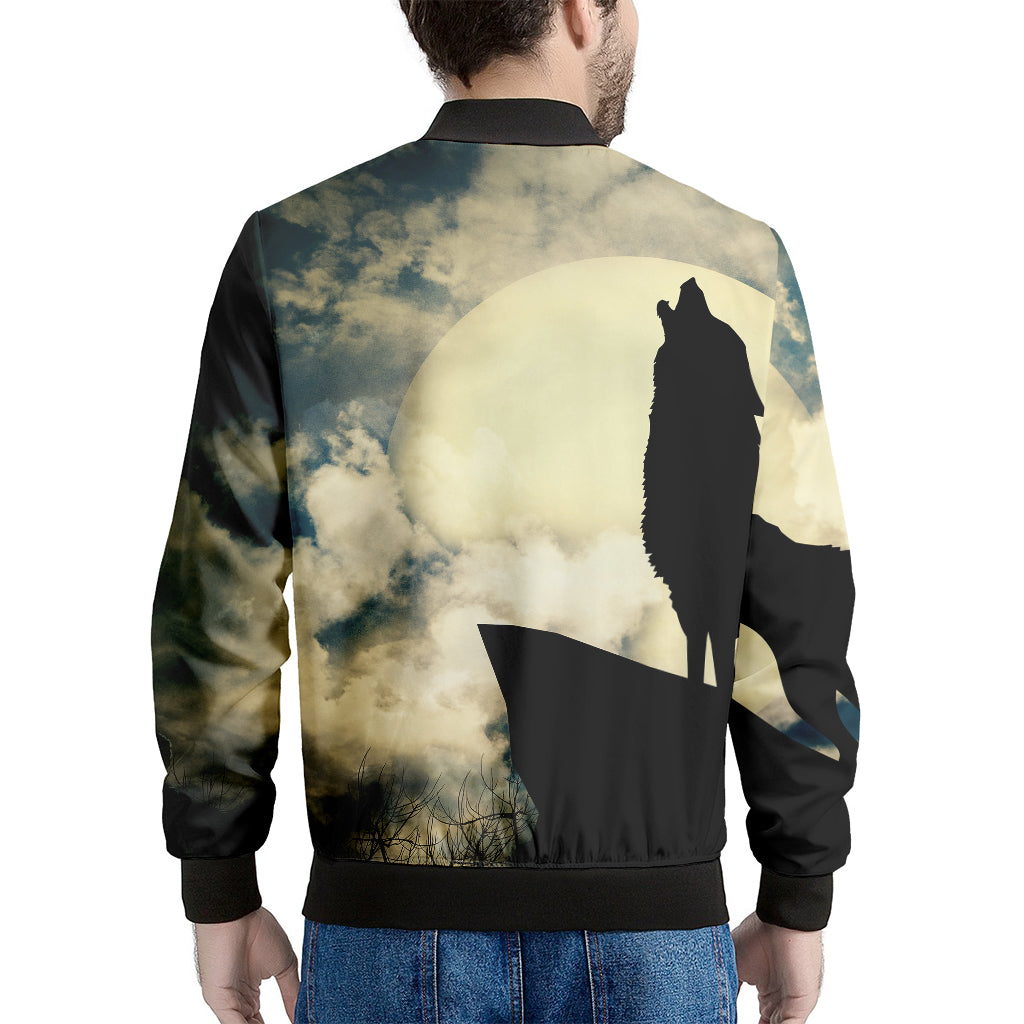 Wolf Howling At The Full Moon Print Men's Bomber Jacket