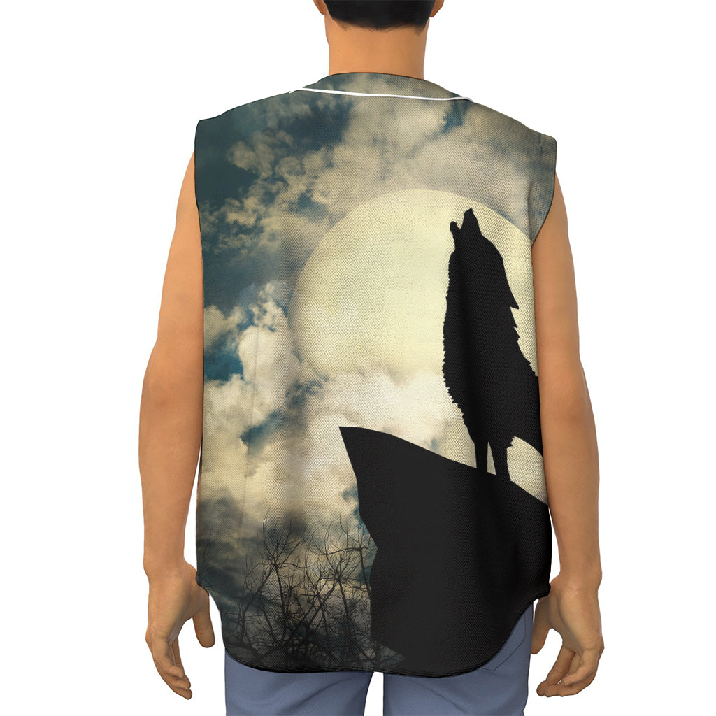 Wolf Howling At The Full Moon Print Sleeveless Baseball Jersey