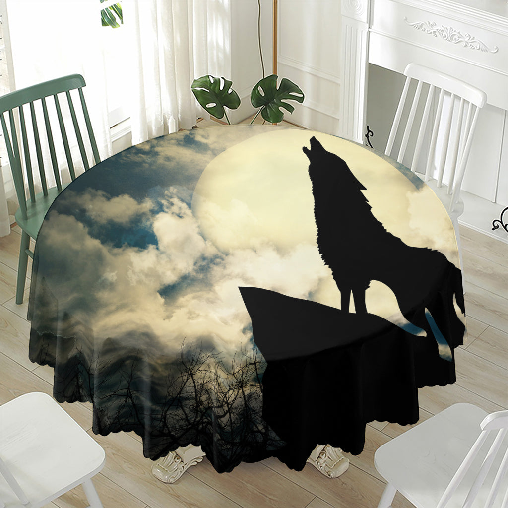 Wolf Howling At The Full Moon Print Waterproof Round Tablecloth