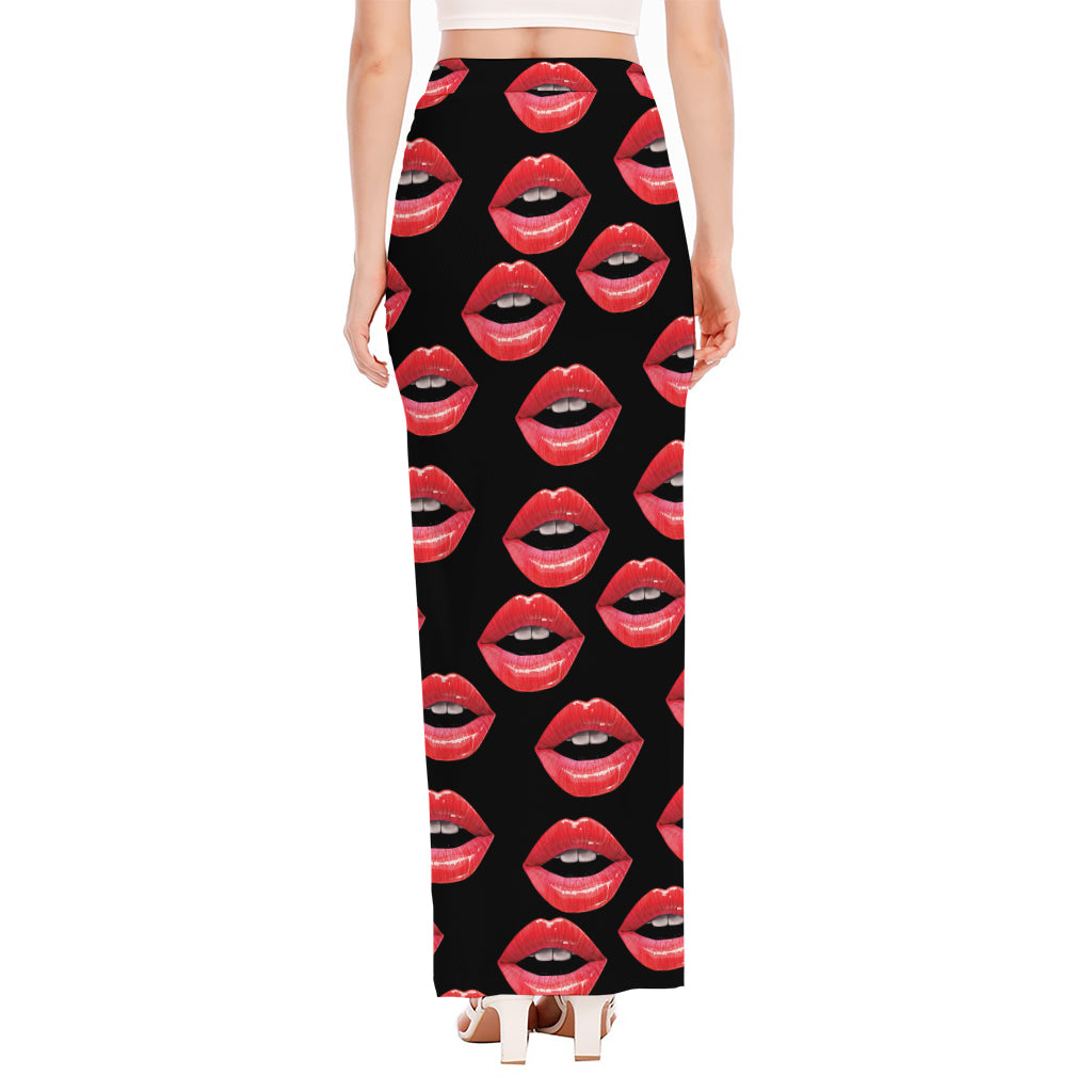 Women's Lips Pattern Print High Slit Maxi Skirt