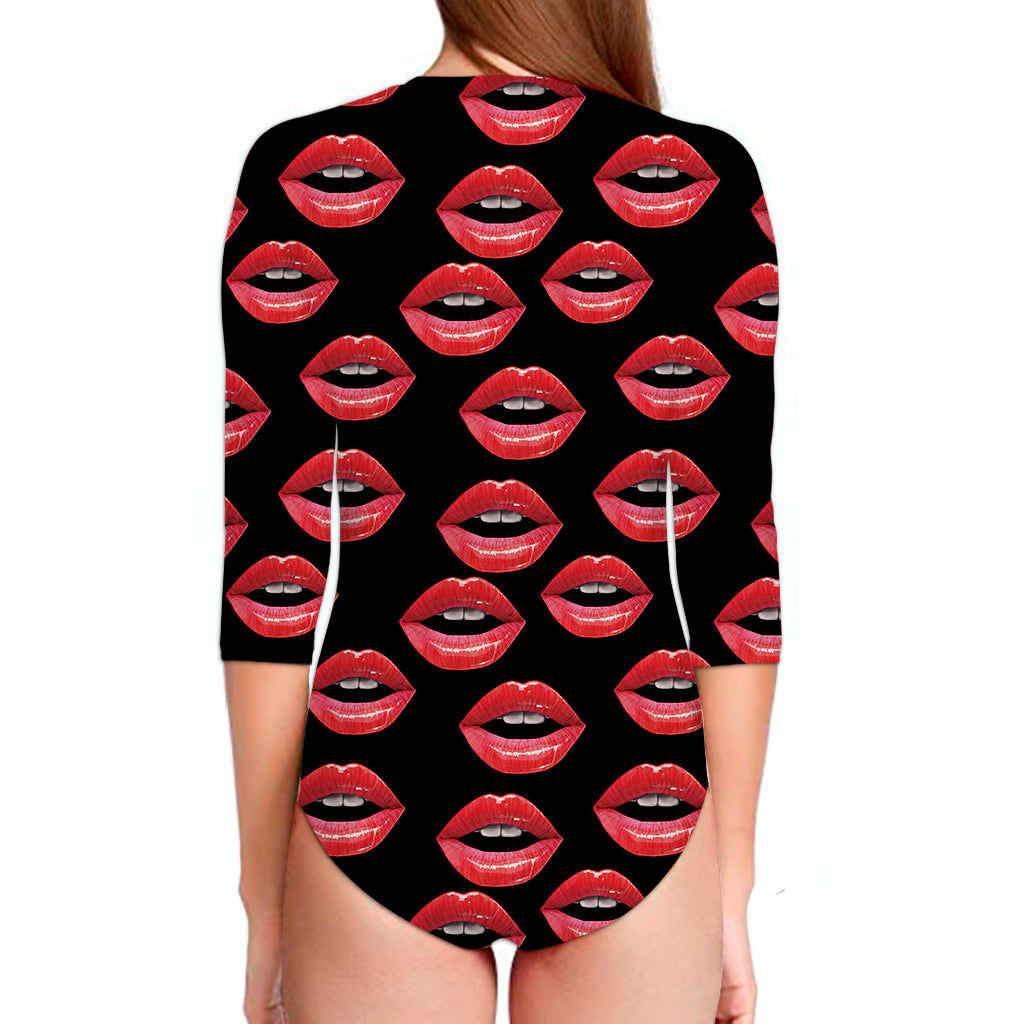 Women's Lips Pattern Print Long Sleeve Swimsuit