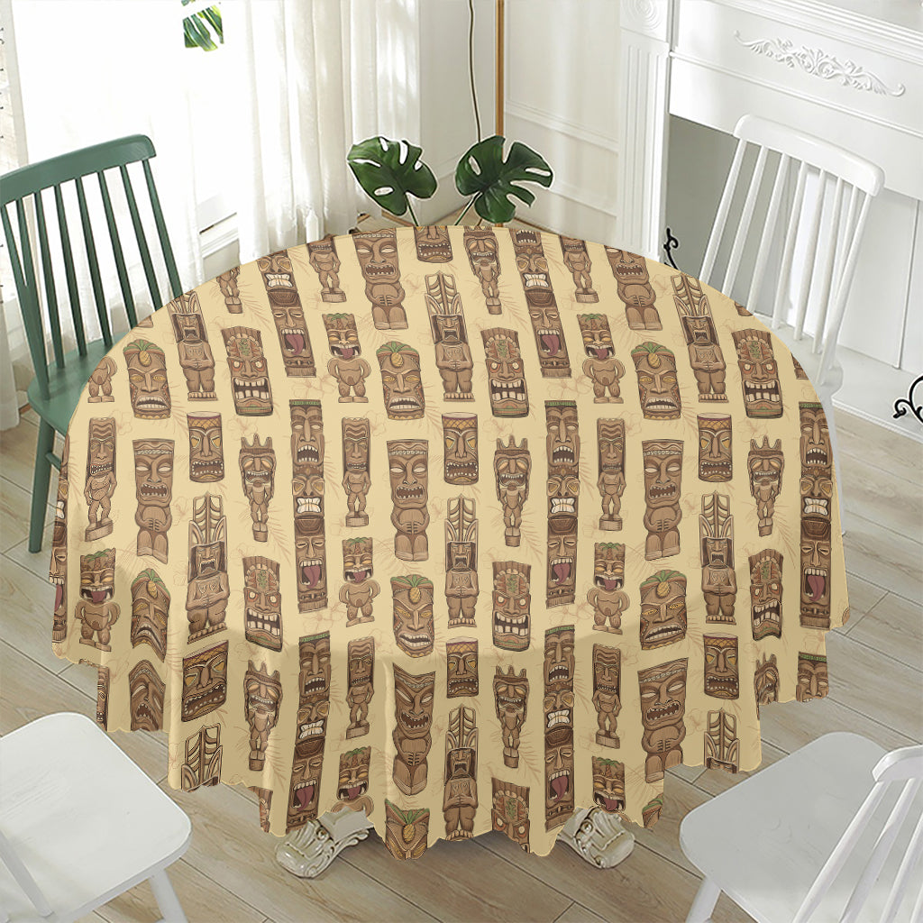 Wooden Tiki Pattern Print Waterproof Round Tablecloth