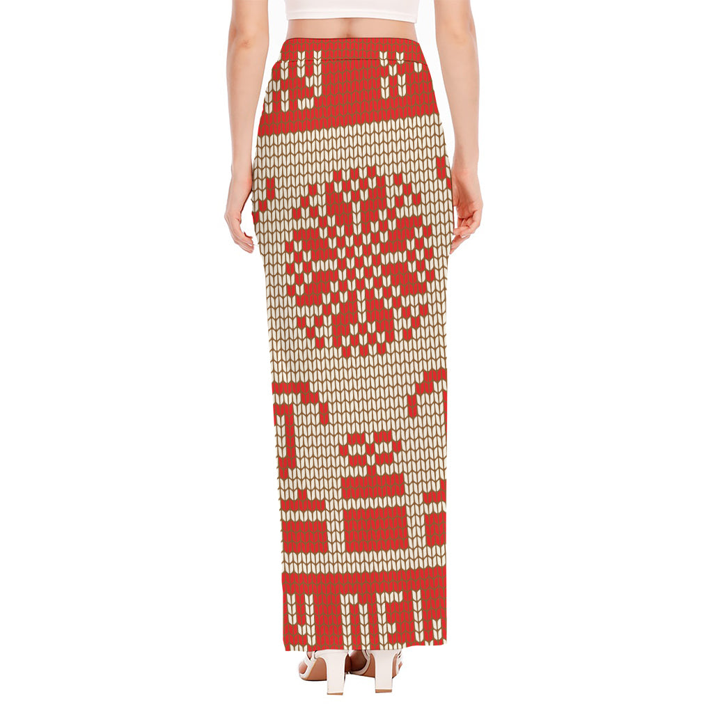 Xmas Deer Knitted Print High Slit Maxi Skirt