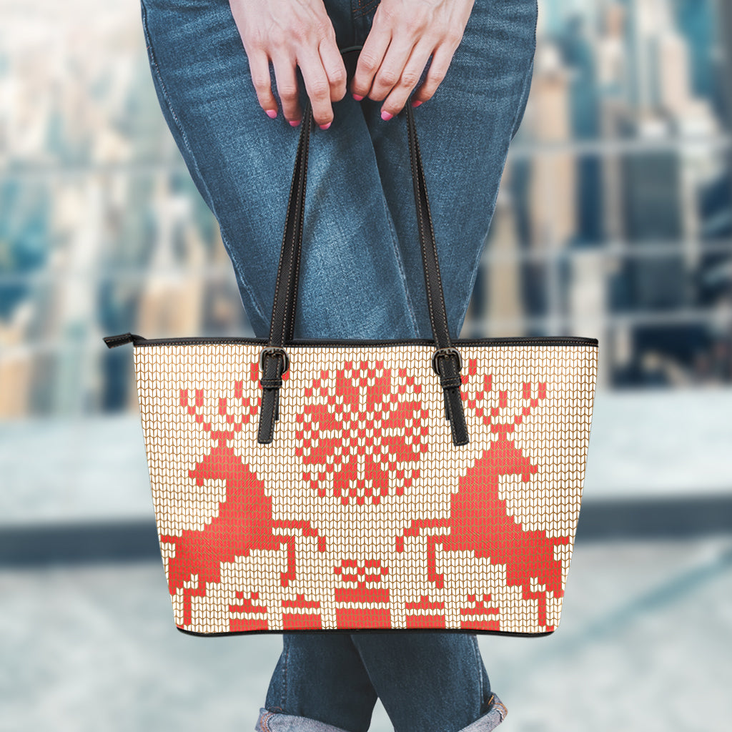 Xmas Deer Knitted Print Leather Tote Bag