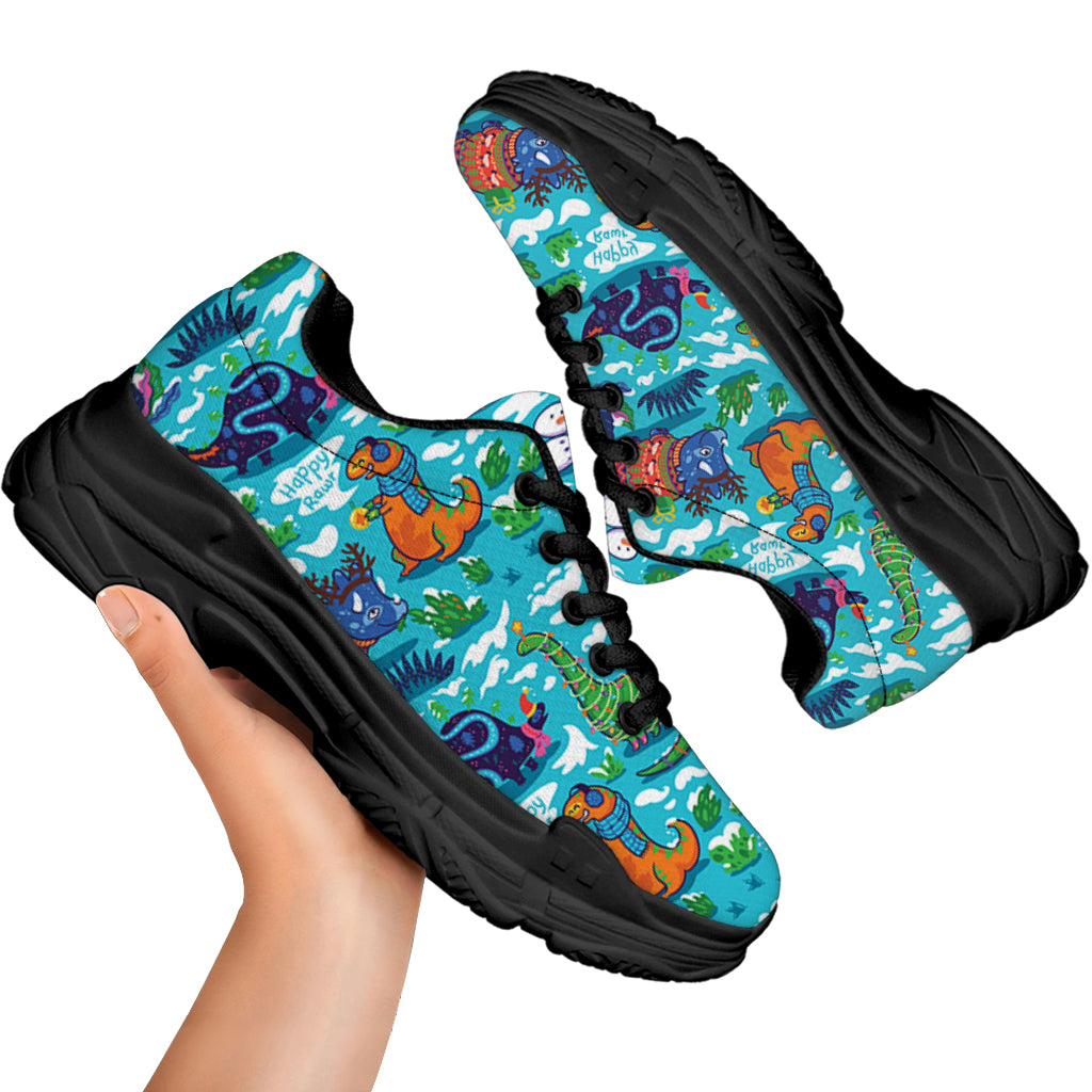 Xmas Dinosaur Pattern Print Black Chunky Shoes