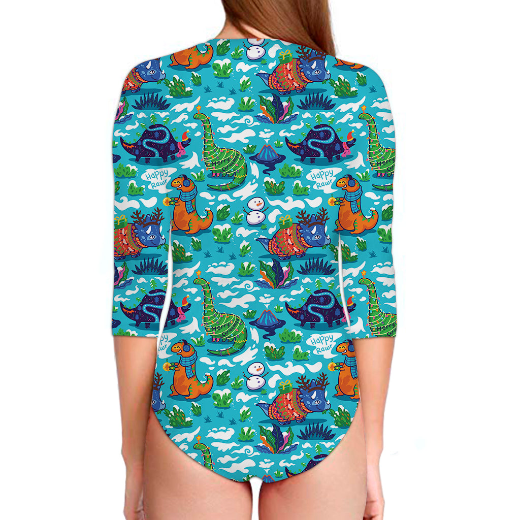 Xmas Dinosaur Pattern Print Long Sleeve Swimsuit