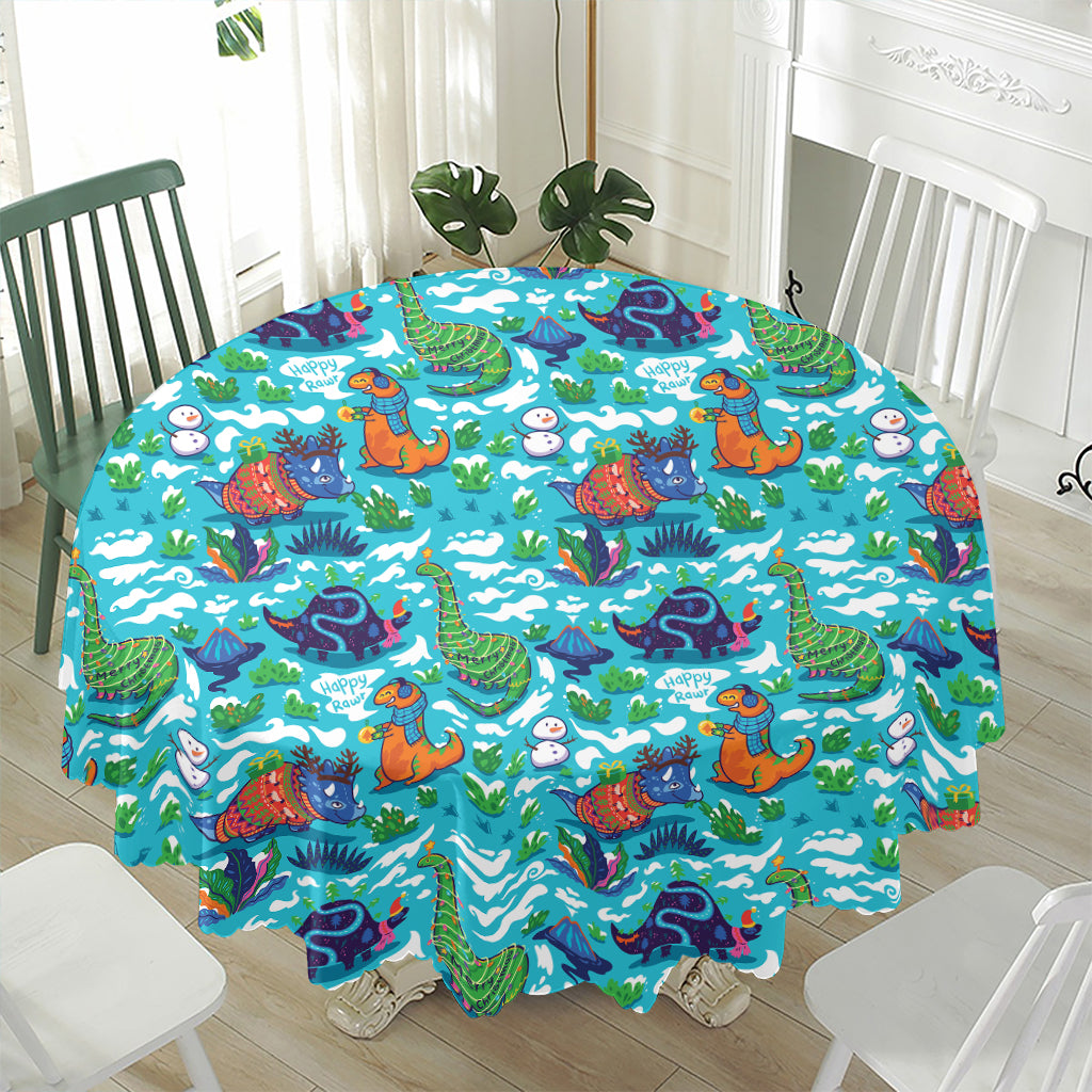 Xmas Dinosaur Pattern Print Waterproof Round Tablecloth