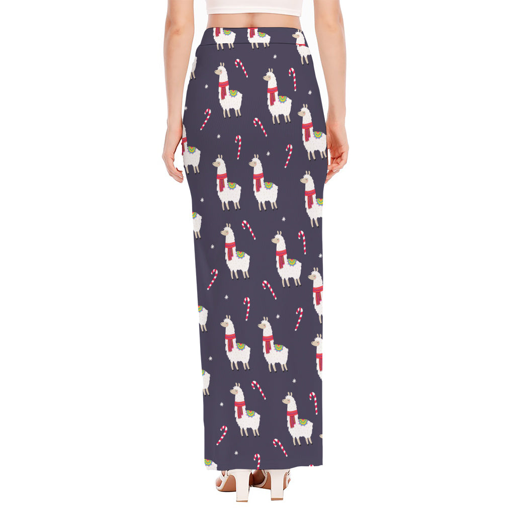 Xmas Llama Pattern Print High Slit Maxi Skirt