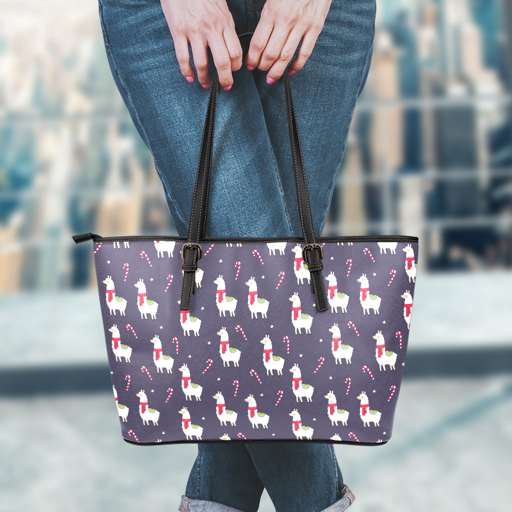 Xmas Llama Pattern Print Leather Tote Bag