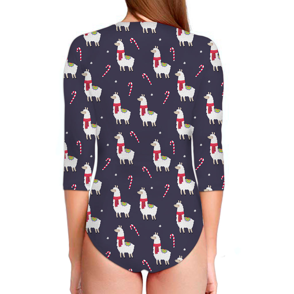 Xmas Llama Pattern Print Long Sleeve Swimsuit