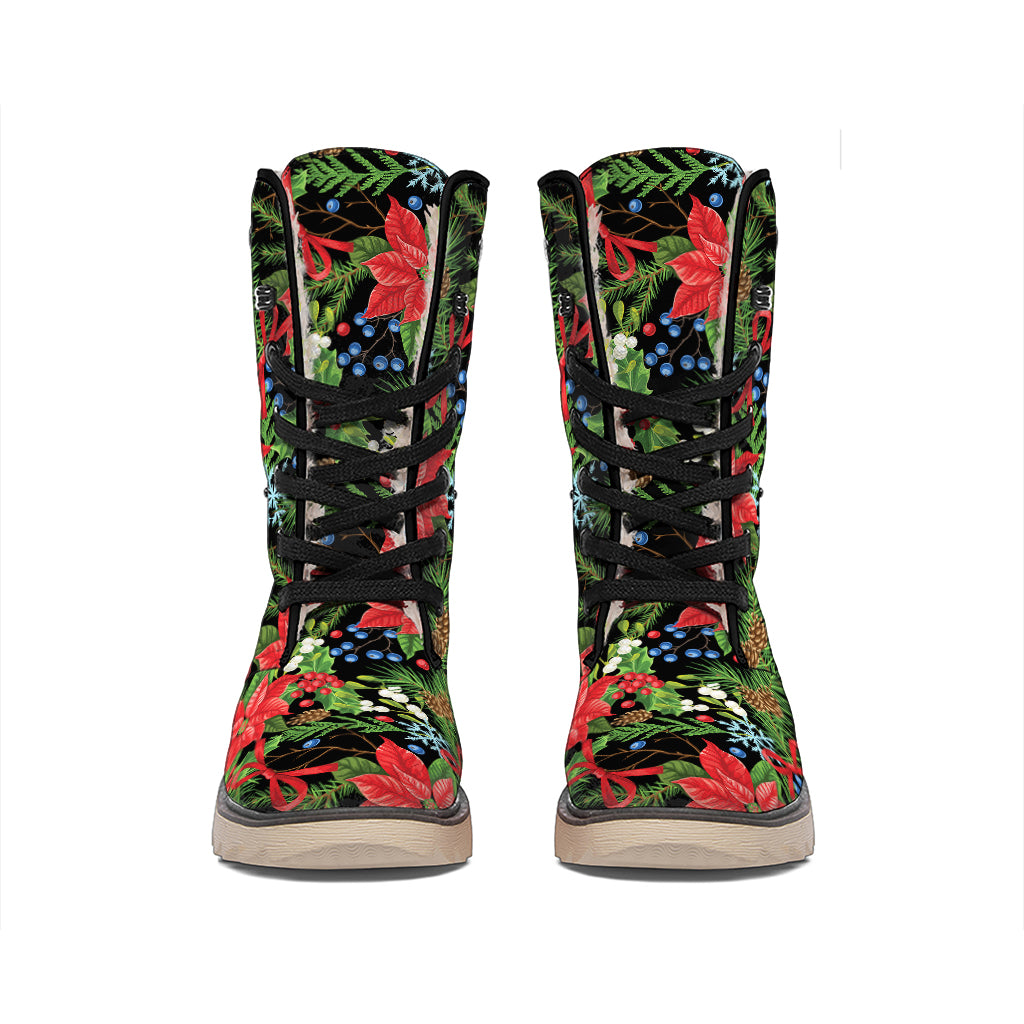 Xmas Poinsettia Pattern Print Winter Boots