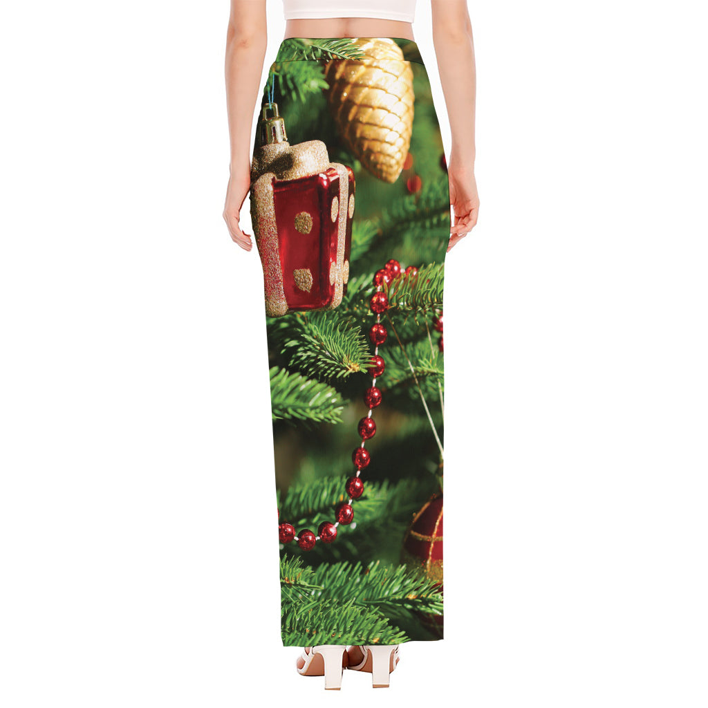Xmas Tree Print High Slit Maxi Skirt