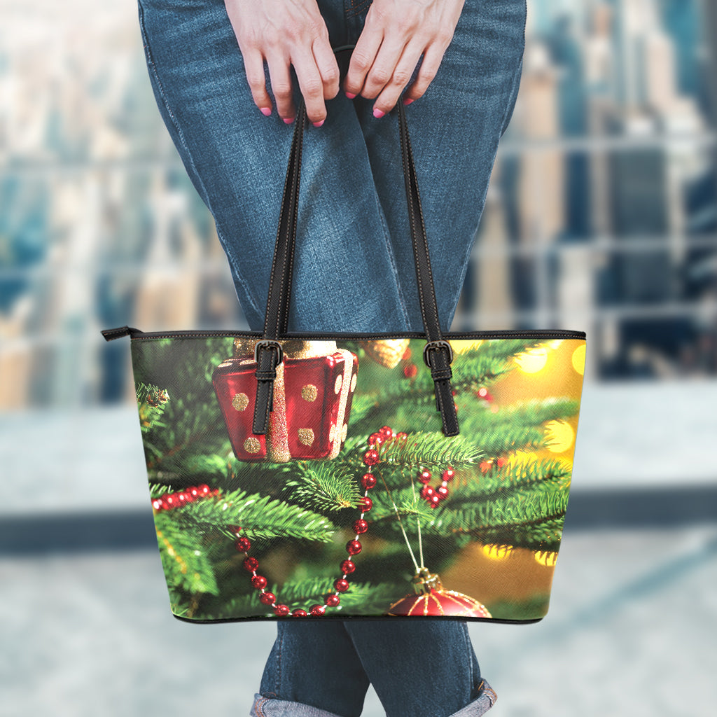 Xmas Tree Print Leather Tote Bag