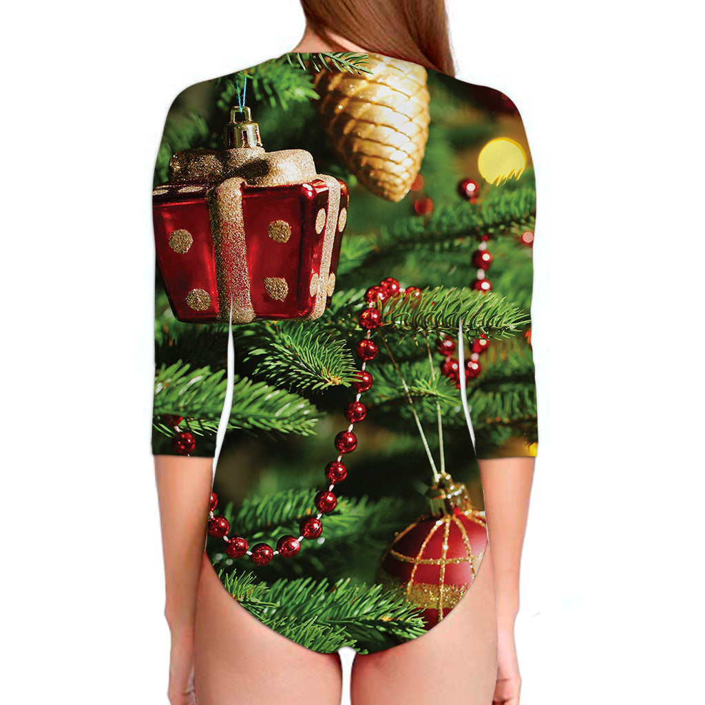 Xmas Tree Print Long Sleeve Swimsuit