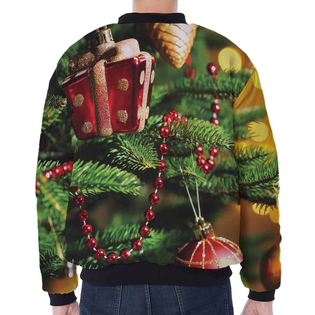 Xmas Tree Print Zip Sleeve Bomber Jacket